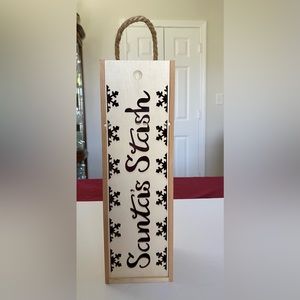 Santa’s Stash Carved Wood Wine Box Bottle Holder 14” Slide Lid Ribbon Insert